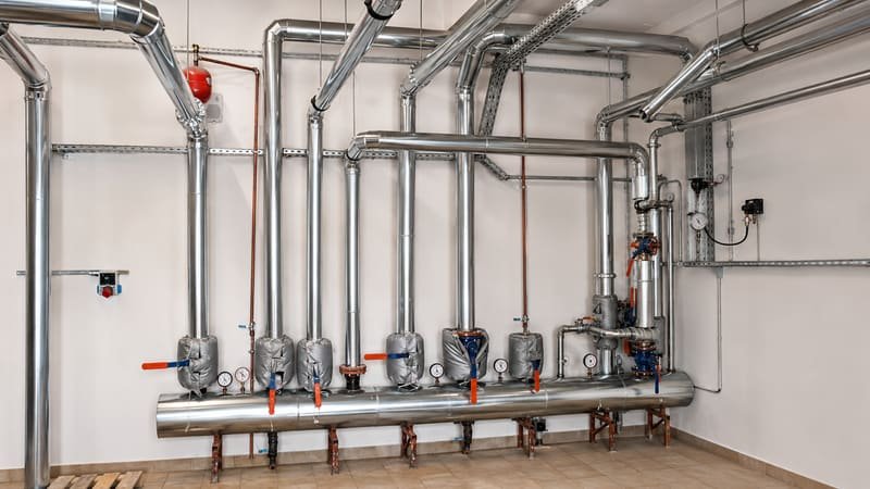 Tesis içinde metal dış kaplamalı kollektör ve dikey boru hatları