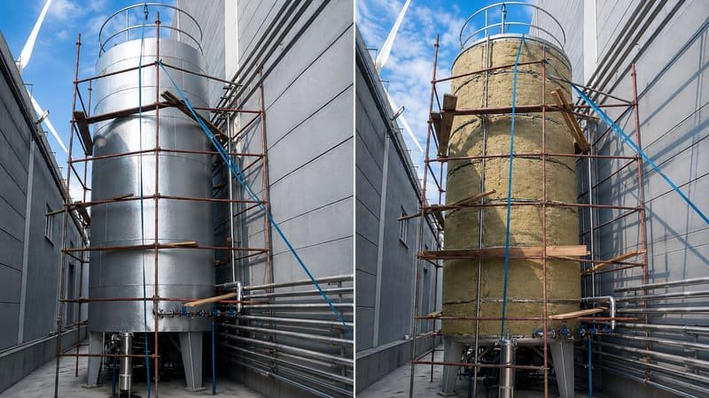 Sac dış kaplama uygulanmış tank ve mineral yün izolasyonu aşamasında tank